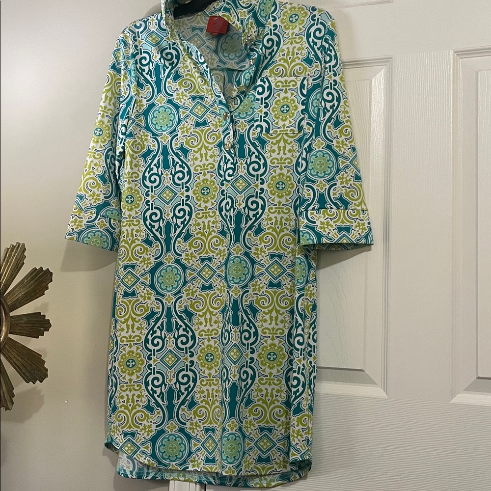 Tracy Negoshian Teal and Cream Patterned Dress